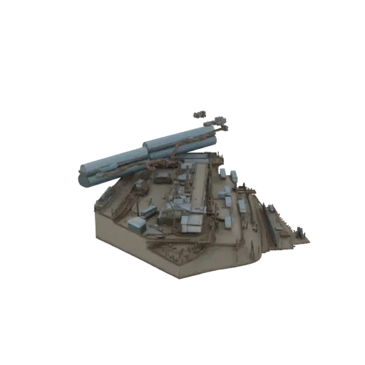 3D render of a detailed industrial complex with a large rocket launcher mounted on a platform, set against a black background