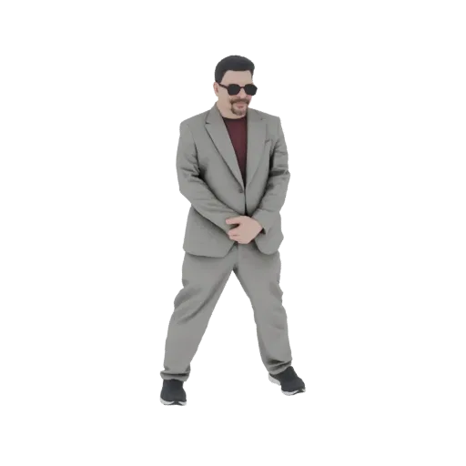 Modelo 3D de homem em terno cinza, camisa bordô e óculos de sol pretos, em pé com as mãos entrelaçadas.