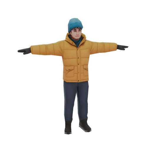 3D model of a young man wearing a yellow puffer jacket and blue beanie, standing in a T-pose against a black background.