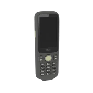 3D model of an iData rugged mobile computer with a dark gray casing, a black screen, and a physical keypad.