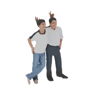 3D model of two young boys standing together, both making peace sign gestures with their hands.