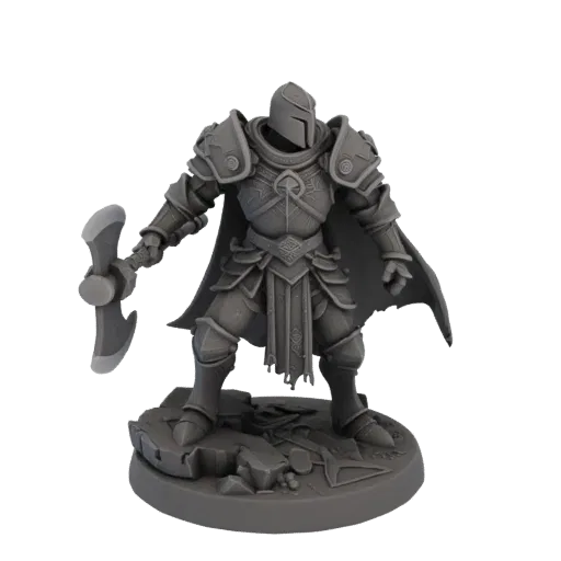 3D model grim warrior in plate armor with axe on ruins