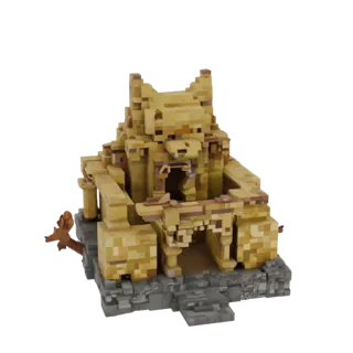 Modelo 3D templo dorado Kitsune estilo Minecraft, con base de piedra y arquitectura detallada.