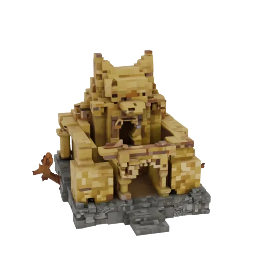 Modello 3D tempio dorato Kitsune in stile Minecraft, con fondamenta in pietra e architettura dettagliata.