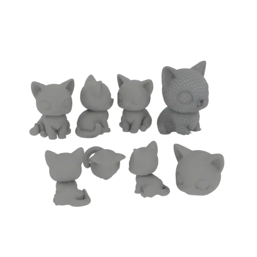 A collection of 7 cute, stylized 3D kitten models in various sitting poses, displayed against a white background.