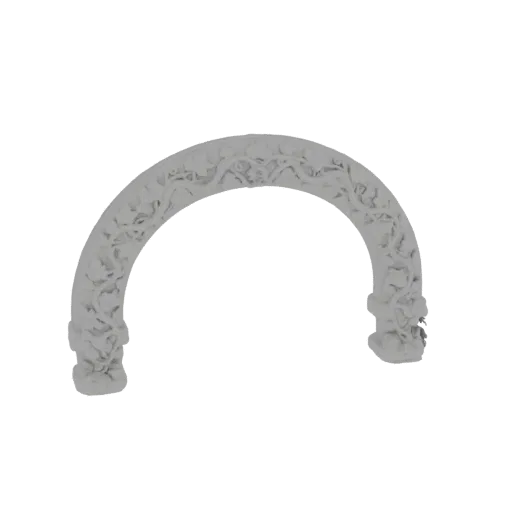 A 3D render of a grey, ornate archway with intricate floral carvings on its surface and columns.