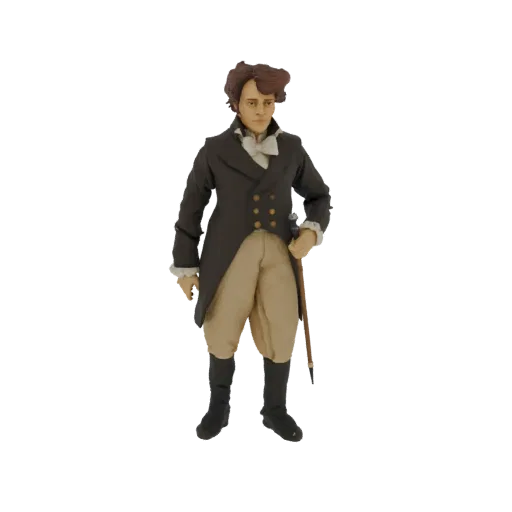 3D model of an 18th-century gentleman in a dark tailcoat and light breeches, holding a cane.