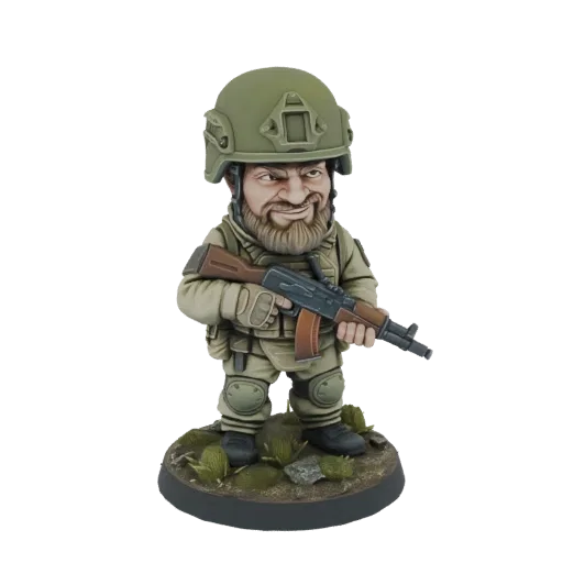 3D model of a chibi soldier with a green helmet and AK-47, standing on a textured base with foliage.