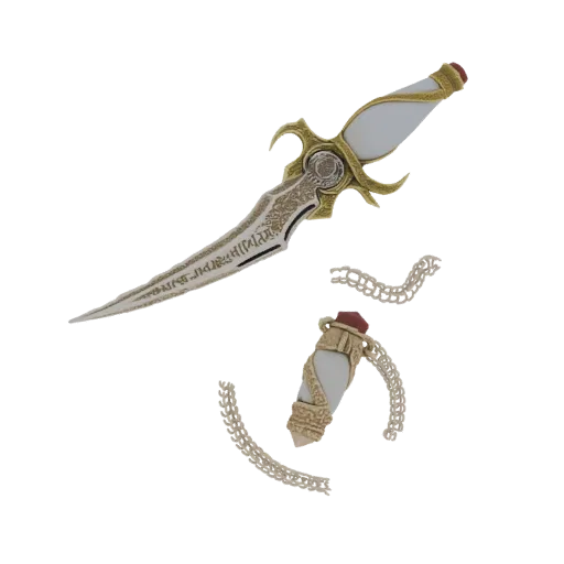 3D model of an ornate dagger with a white handle and gold accents, next to a matching potion bottle with a chain.