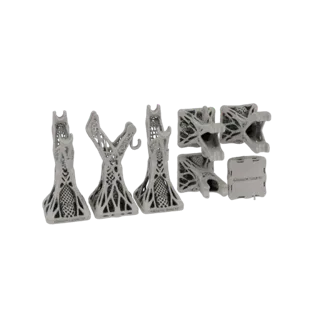 A 3D render of three abstract organic tree sculptures with intricate lattice patterns, alongside three geometric bases, all i