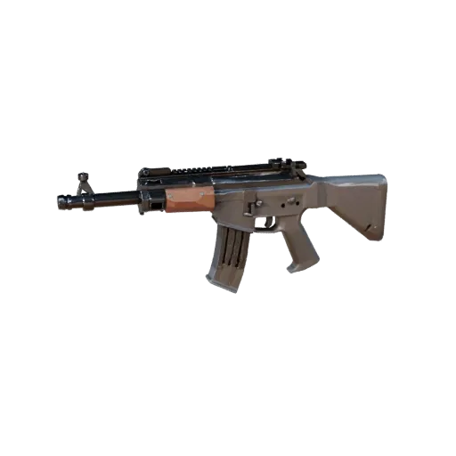 Vintage Blaster Prop Low Poly 3D model, game viewport three-quarter view, showing painted metal, form detail.