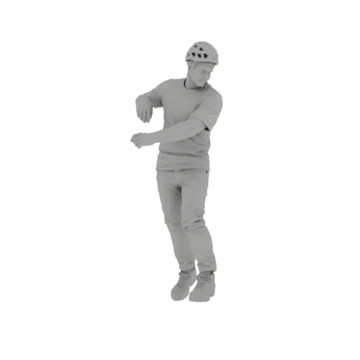 3D model of a young man wearing a helmet and casual clothes, captured in a dynamic, mid-action pose.