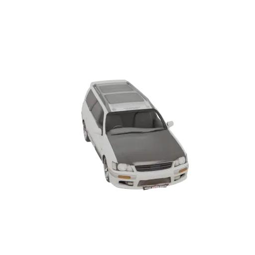 Modelo 3D de uma station wagon branca com capô cinza escuro e teto solar duplo, visto de um ângulo frontal de três quartos.