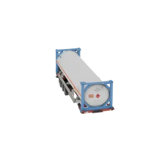 Modello 3D di un container cisterna ISO bianco montato su un rimorchio con telaio blu e ruote multiple, visto da un'angolazio