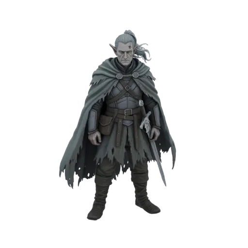 Modelo 3D de un elfo explorador desgastado con cabello gris, cicatriz, armadura gastada y espada, sobre fondo blanco.