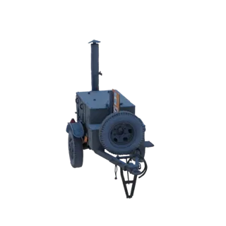 3D model of a vintage field kitchen trailer with a spare tire mounted on the side and a stovepipe on top, shown against a whi