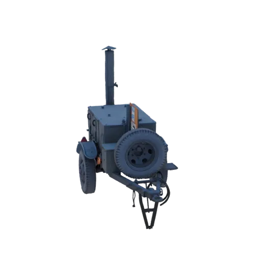 Modelo 3D de reboque de cozinha de campo vintage com pneu sobressalente montado na lateral e chaminé no topo, mostrado contra um fundo branco.