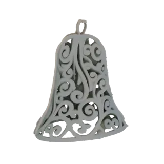 3D model of a white, ornate bell with intricate filigree patterns and a hanging loop, isolated on a white background.