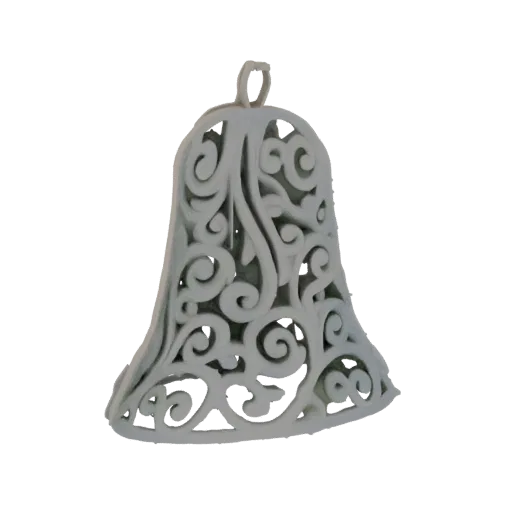 3D model of a white, ornate bell with intricate filigree patterns and a hanging loop, isolated on a white background.