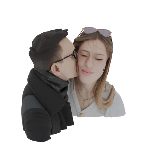3D model of a man kissing a woman on the cheek, with sunglasses on her head and a scarf on him.