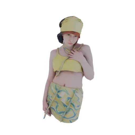 Modèle 3D d'une jeune femme portant un bikini jaune, un chapeau jaune et un paréo à motifs, une main sur la poitrine.