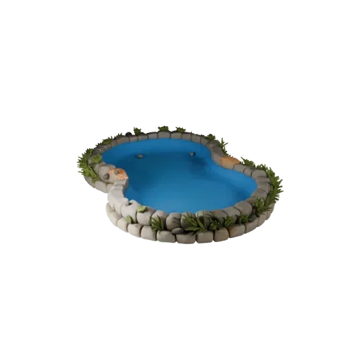 Ornamental Garden Pond Realistic 3D model, three-quarter environment render, showing wet stone, water edges.