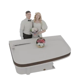 3D-Modell einer Hochzeitspaar-Miniatur, Bräutigam im Smoking, Braut im Kleid, stehend hinter einem Tisch mit floraler Tischde
