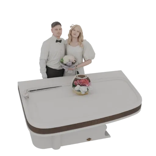 3D-Modell einer Hochzeitspaar-Miniatur, Bräutigam im Smoking, Braut im Kleid, stehend hinter einem Tisch mit floraler Tischde