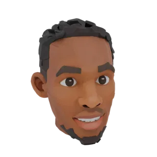 Modello 3D stilizzato di testa maschile in stile low-poly, con capelli scuri e barba, su sfondo bianco.