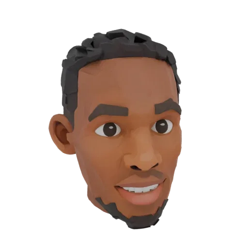 Modello 3D stilizzato di testa maschile in stile low-poly, con capelli scuri e barba, su sfondo bianco.