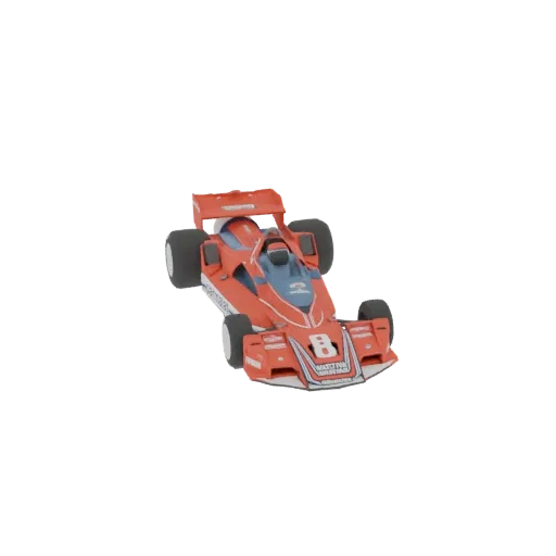 A 3D render of a vintage red Formula 1 racing car with the number '8' on its front, set against a white background.