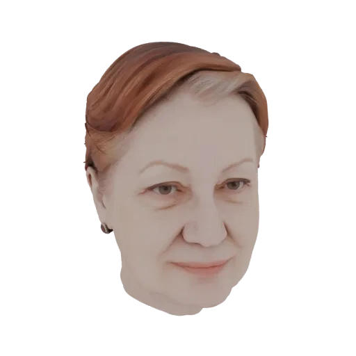 3D model of an elderly woman's bust with auburn hair and a gentle smile, rendered against a white background.
