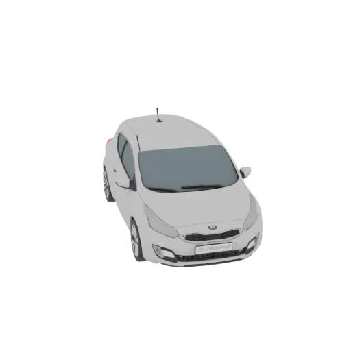Modello 3D di una Kia Cee'd hatchback bianca, vista da un'angolazione anteriore a tre quarti su sfondo bianco.