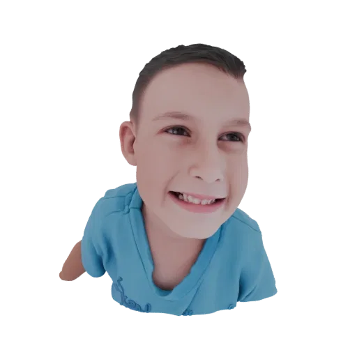 3D model of a smiling young boy wearing a blue t-shirt, viewed from a slightly high angle.
