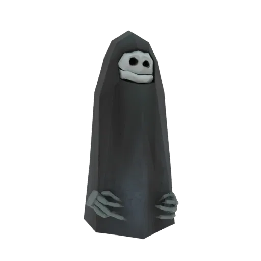3D-Modell einer Sensenmann-Figur mit dunklem Umhang, Schädelfigur und greifenden Skeletthänden, vor weißem Hintergrund.