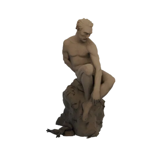 Modello 3D di una scultura di nudo maschile seduto su una roccia, con muscolatura dettagliata e posa contemplativa.