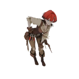 3D model of a female adventurer with red hair, wearing a brown vest and a belt with potion vials, in a dynamic pose.