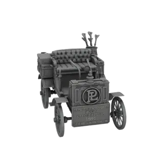 3D model of a vintage 1891 "La Precisa Automobili" automobile with ornate details and historical inscriptions.