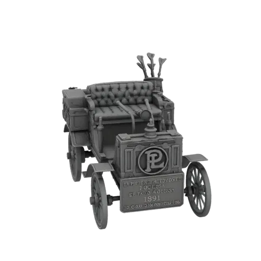 3D model of a vintage 1891 "La Precisa Automobili" automobile with ornate details and historical inscriptions.