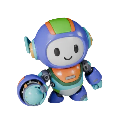 Cute Robot Mascot collectible 3D model preview showing pose, studio close-up view, expression and smooth toy surfaces