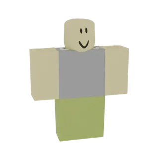 3D-Modell eines klassischen Roblox Noob Charakters mit hellbraunem Kopf und Armen, grauem Torso und grünen Beinen, lächelnd.