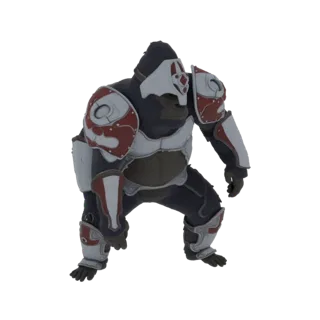 3D-Modell eines Gorillas mit detaillierter grauer und roter Rüstung, in einer kraftvollen Haltung hockend.