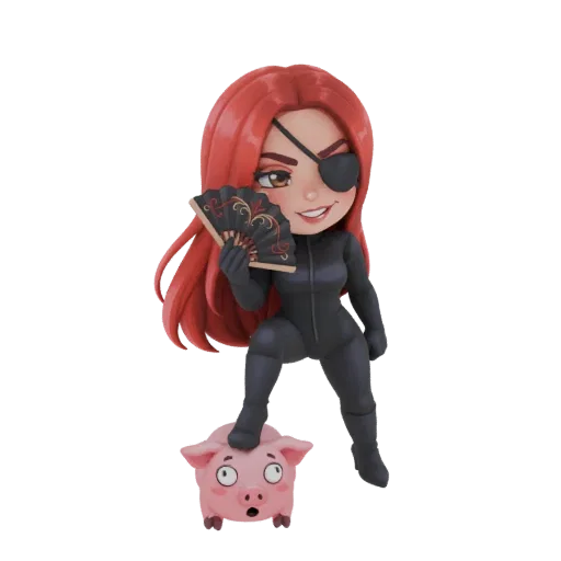 Modelo 3D de espía chibi con pelo rojo, parche y abanico, pisando un cerdo rosa sorprendido.