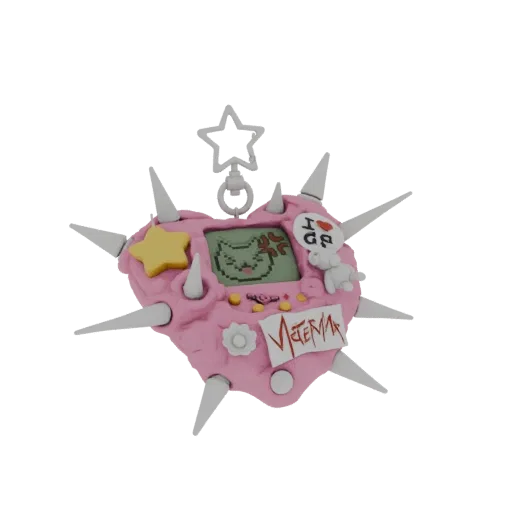 Render 3D de Tamagotchi corazón rosa con pinchos blancos, gato pixelado enfadado y dijes adorables.