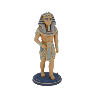 3D model of an Egyptian Pharaoh figurine wearing a blue and gold Nemes headdress, standing on a blue circular base.