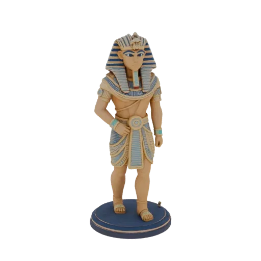 Modèle 3D d'une figurine de Pharaon Égyptien portant une coiffe Némès bleue et or, debout sur une base circulaire bleue.