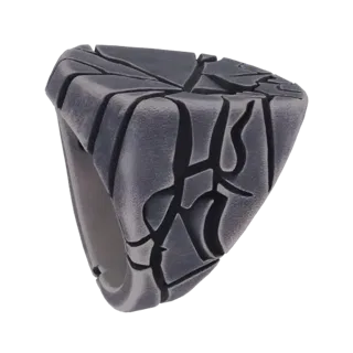 3D model of a dark, matte signet ring with a triangular face featuring a cracked geometric pattern.