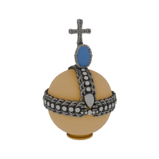 3D model of an ornate orb scepter top with a golden sphere, silver-like bands, a cross, and a blue gemstone.