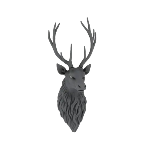 A detailed 3D model of a grey stag head with large, branching antlers and a textured mane, presented on a white background.