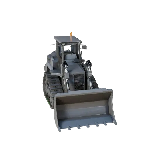 Roadwork Bulldozer Low Poly 3D model, game viewport three-quarter view, showing painted steel, form detail.